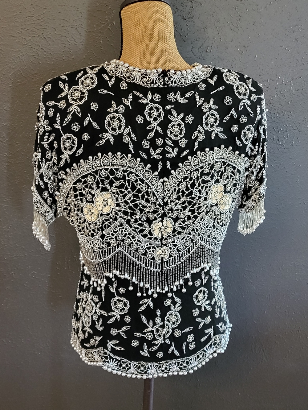 Oleg Cassini Black Tie Vintage 80s Black Silk Beaded Top Large - Picture 5 of 11